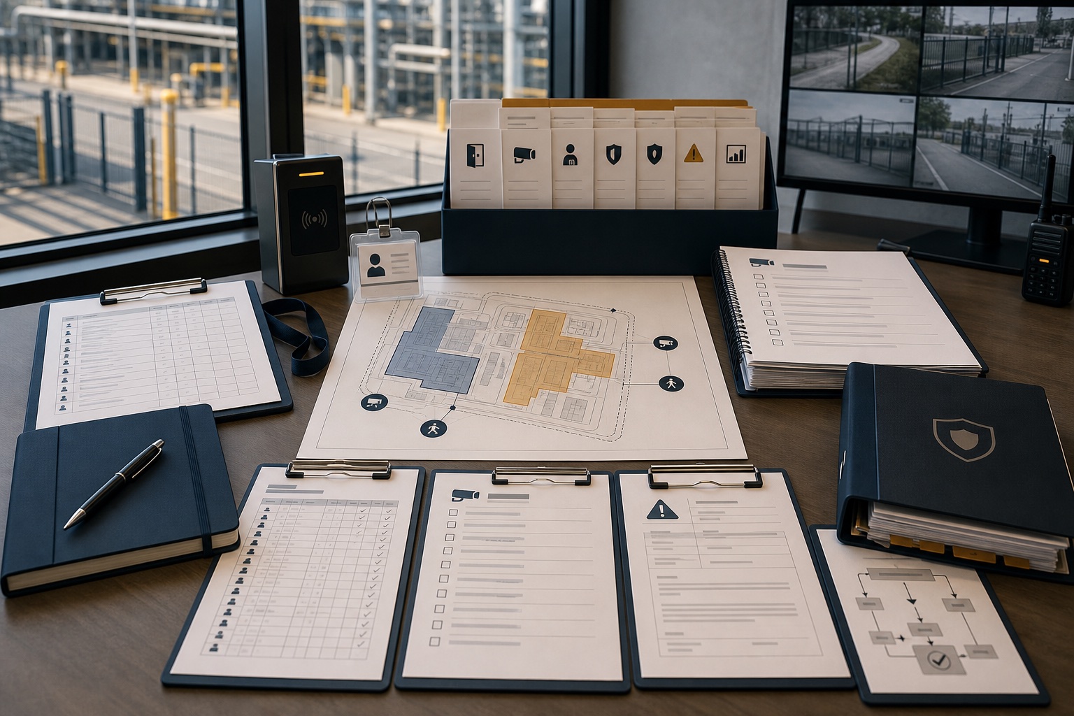 Bureau d'audit avec plan de zoning, badge d'accès, registres et écrans de surveillance.